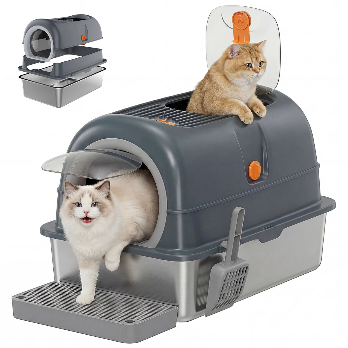 Stainless Steel Enclosed Cat Litter Box with Scoop & Mat