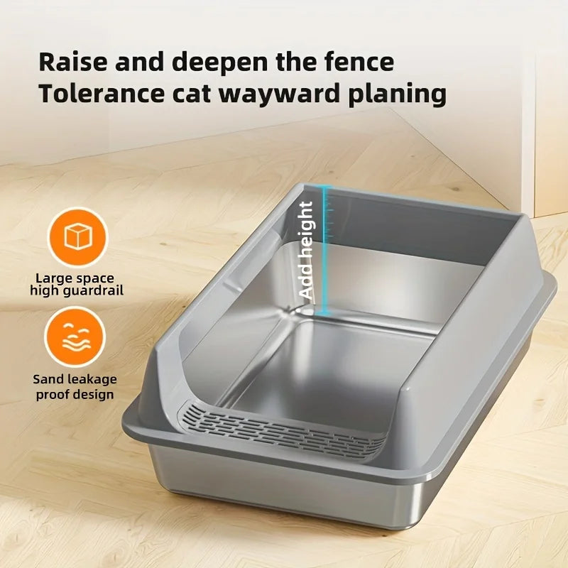 Stainless Steel Splash-Proof Cat Litter Box – Removable Lid for Large Cats