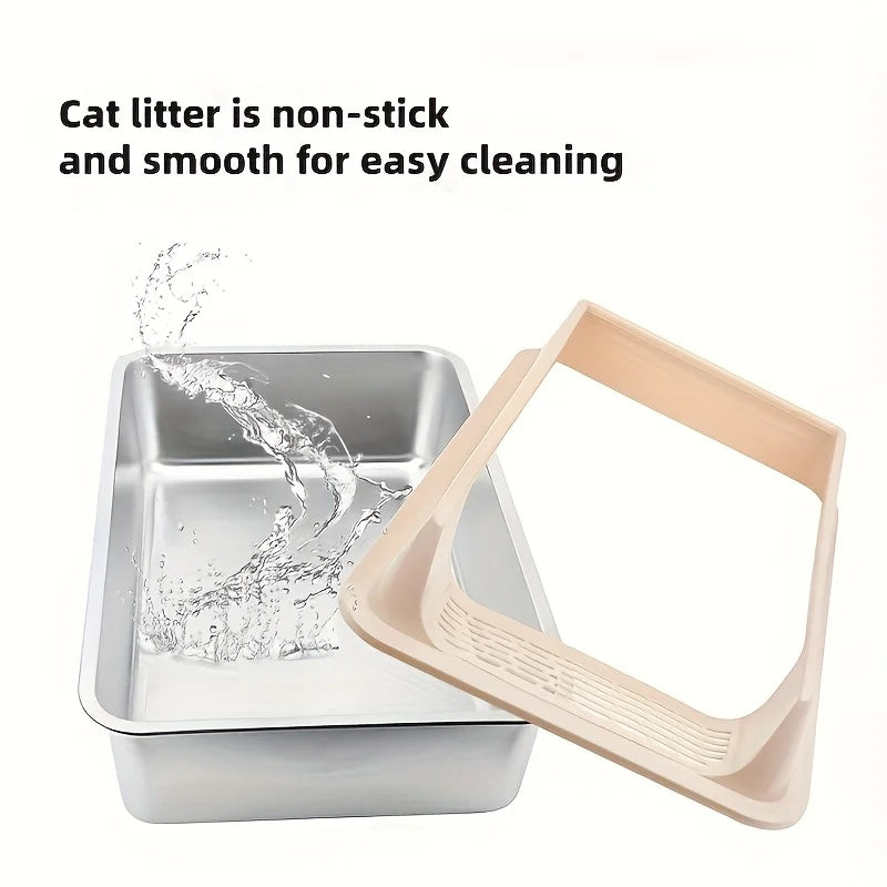 Stainless Steel Splash-Proof Cat Litter Box – Removable Lid for Large Cats