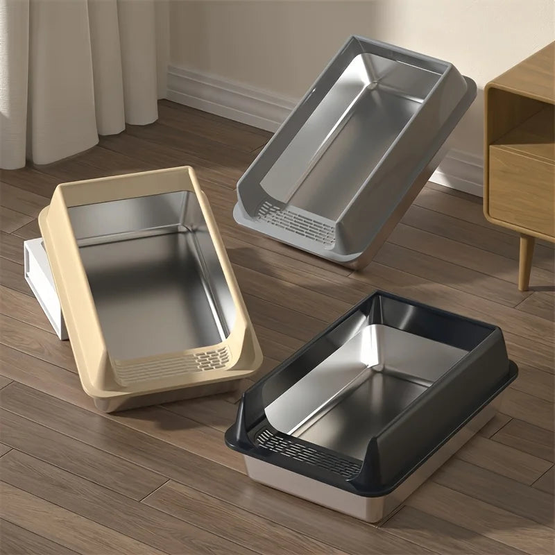 Stainless Steel Splash-Proof Cat Litter Box – Removable Lid for Large Cats
