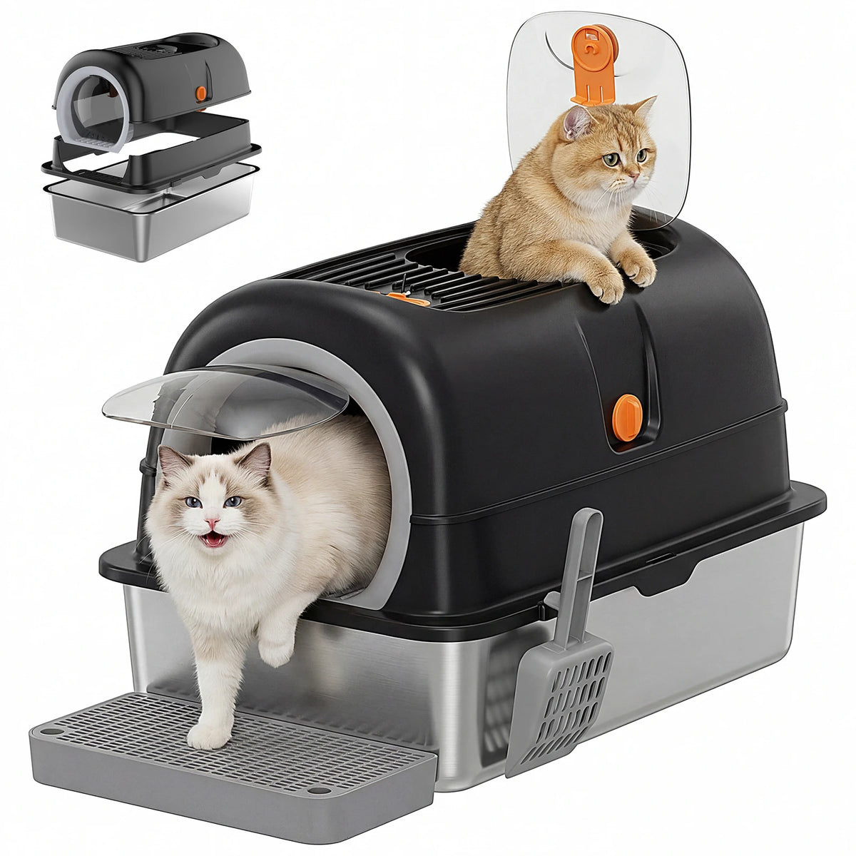 Stainless Steel Enclosed Cat Litter Box with Scoop & Mat