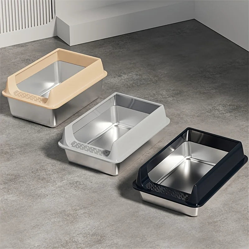 Stainless Steel Splash-Proof Cat Litter Box – Removable Lid for Large Cats