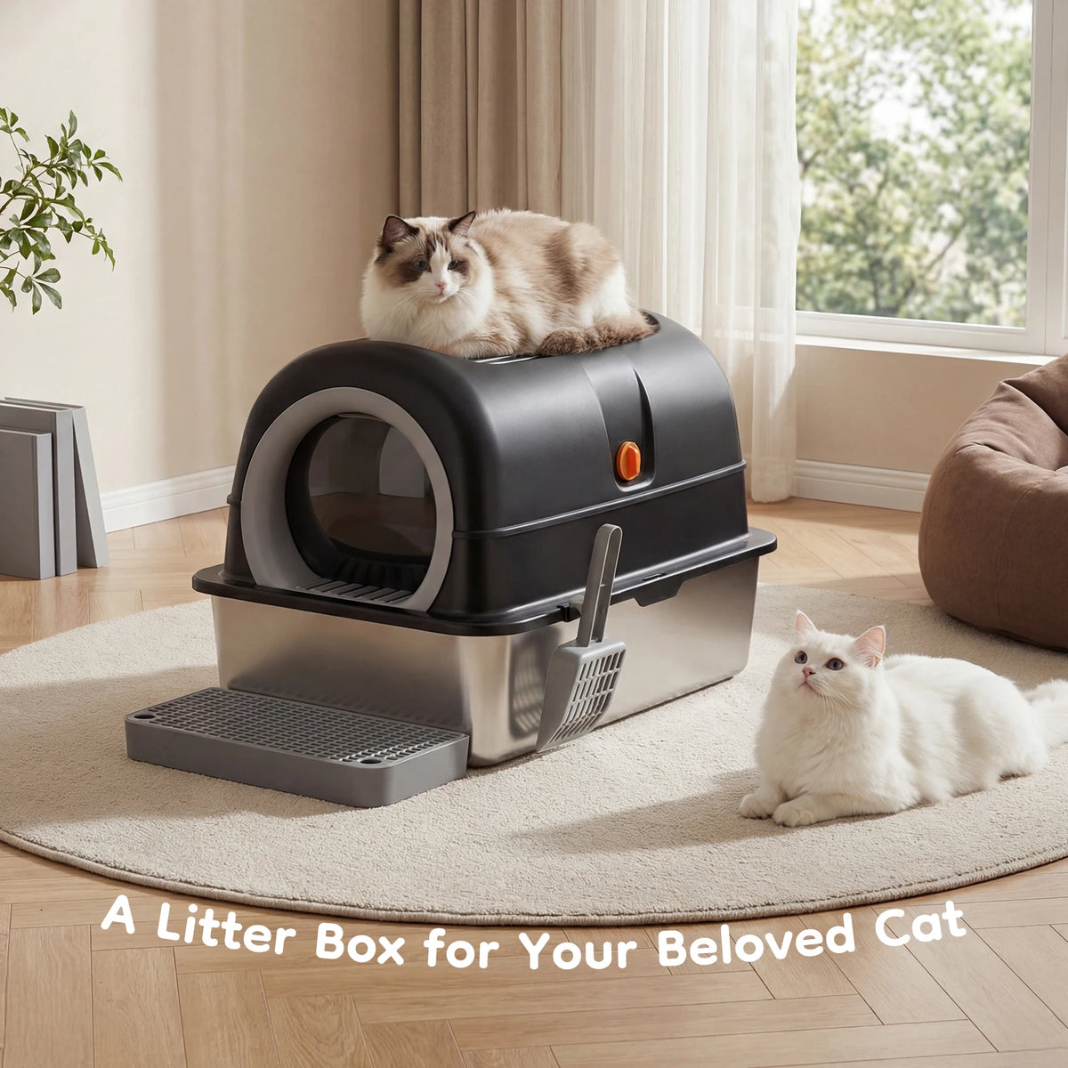 Stainless Steel Enclosed Cat Litter Box with Scoop & Mat