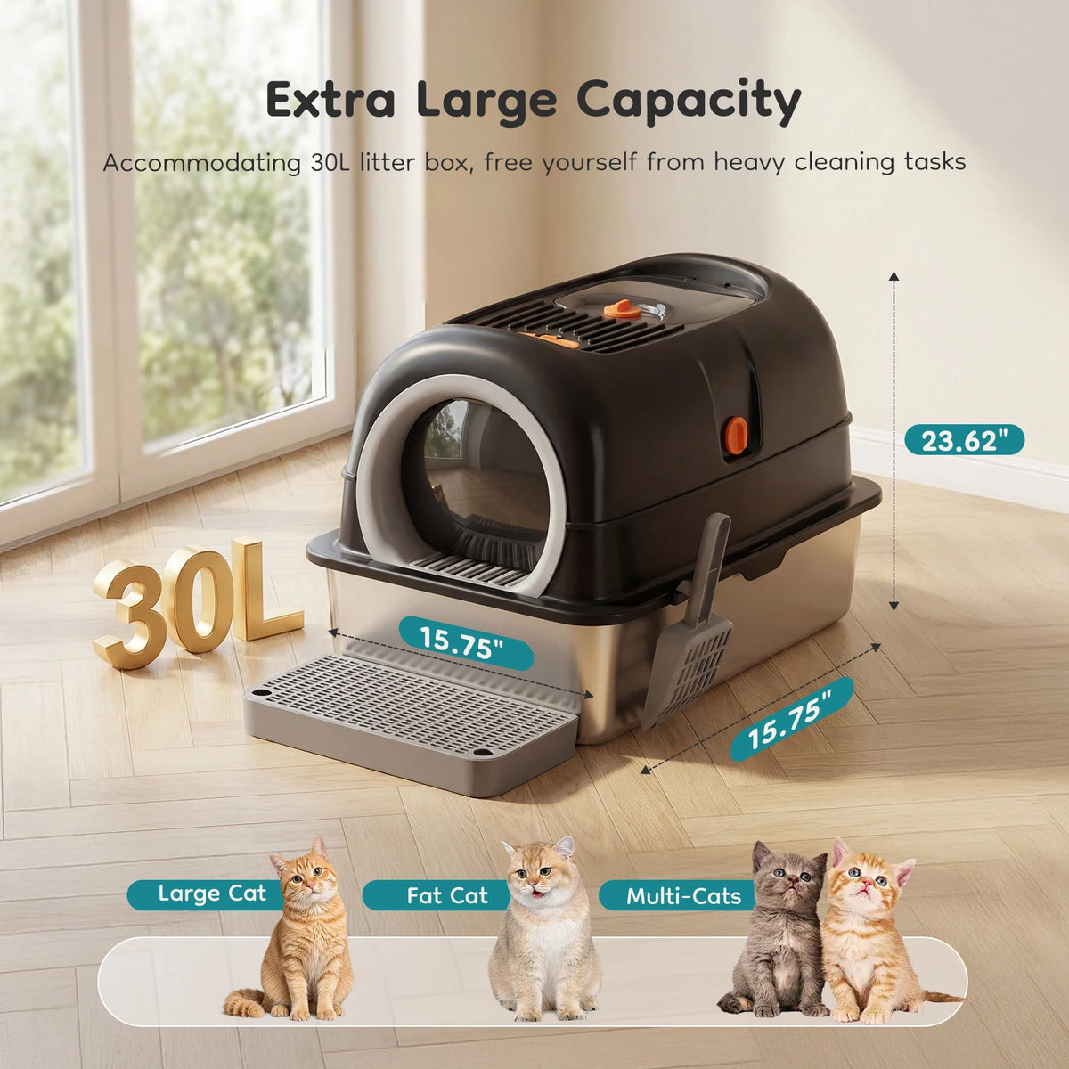 Stainless Steel Enclosed Cat Litter Box with Scoop & Mat
