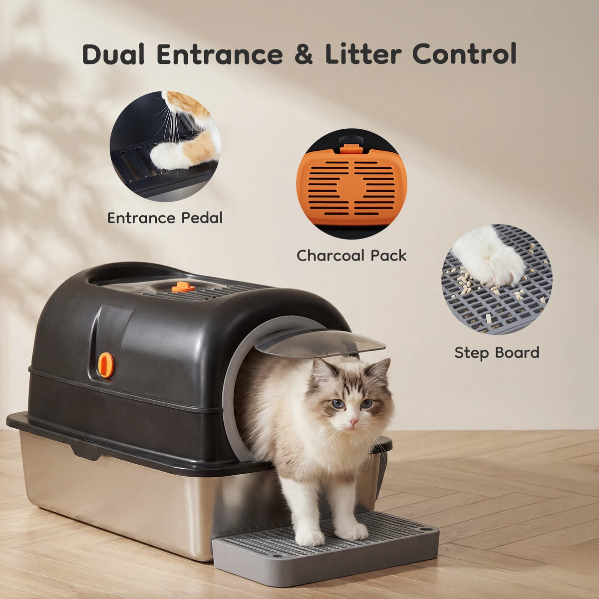 Stainless Steel Enclosed Cat Litter Box with Scoop & Mat