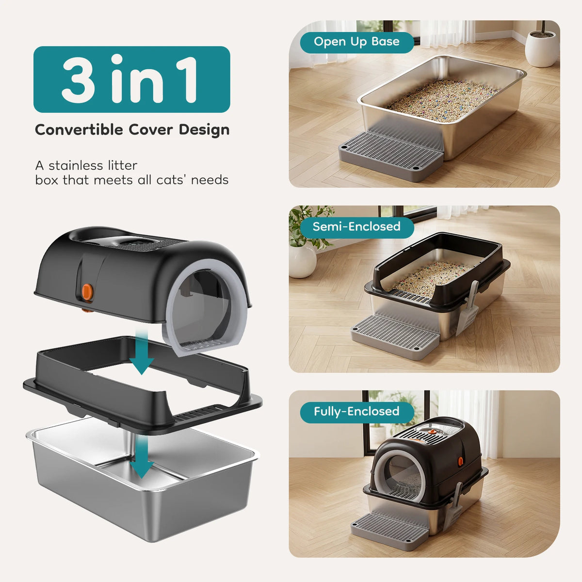 Stainless Steel Enclosed Cat Litter Box with Scoop & Mat