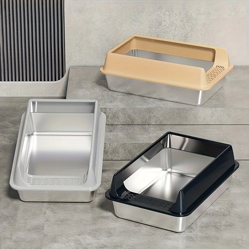 Stainless Steel Splash-Proof Cat Litter Box – Removable Lid for Large Cats